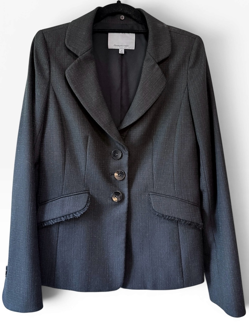 Classiques Entier Tailored Fringe Trim Three Button Blazer Black Size 8